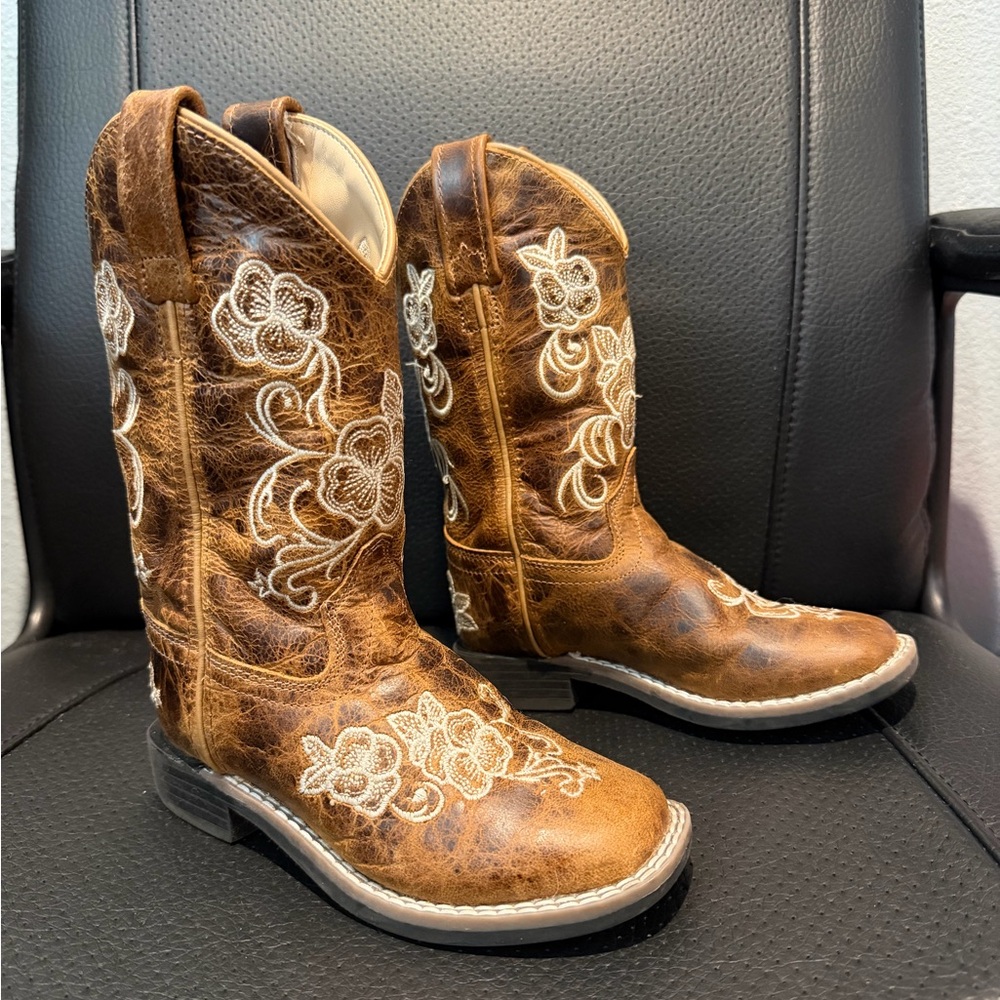 Girl’s Brown Floral Embroidered Western Cowboy Boots Size 11
